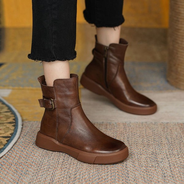 Vintage Shoes Women Ankle Boots With Buckle Side Z...