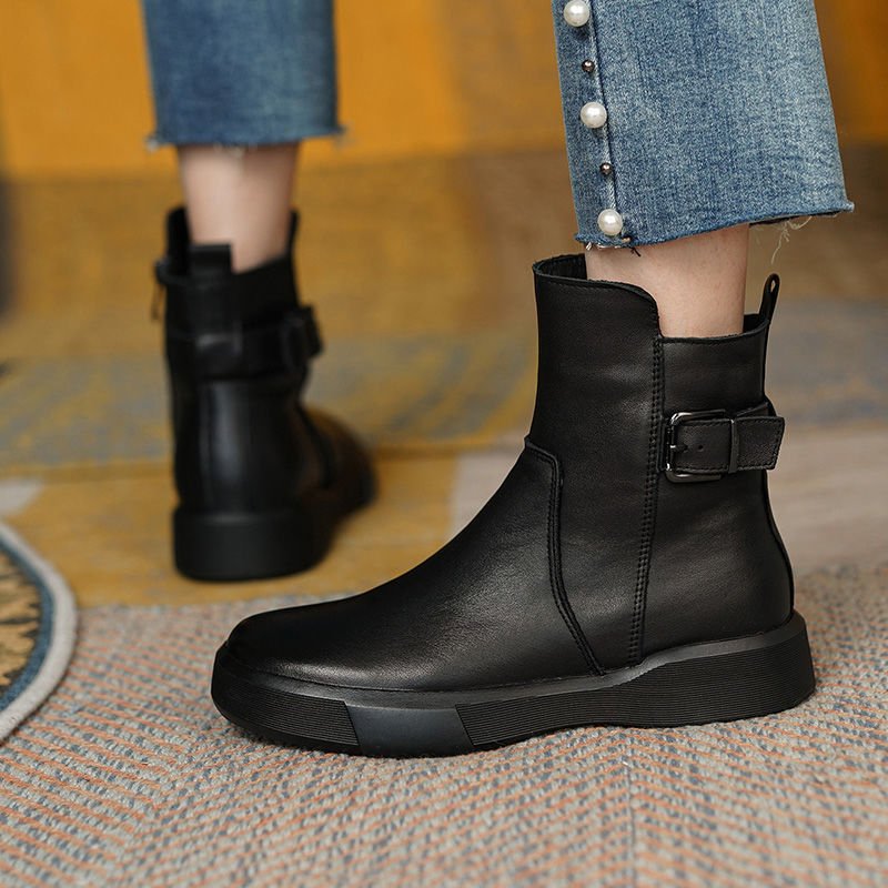 Vintage Shoes Women Ankle Boots With Buckle Side Zipper