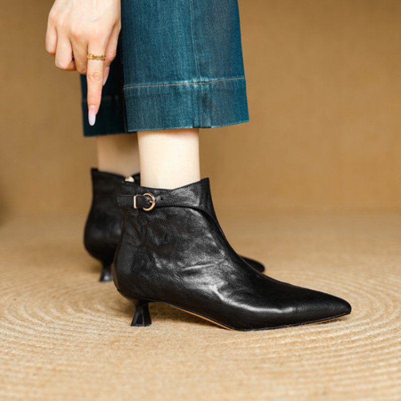 French-style Vintage Pointed-toe Mid-heel Ankle Boots For Women