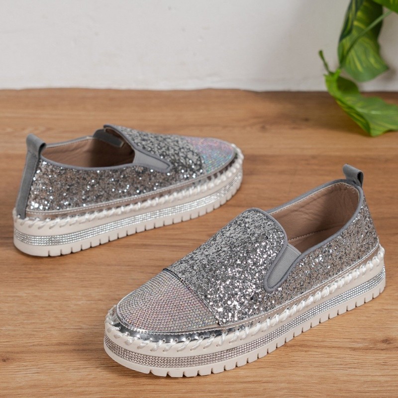 Thick Bottom Flat Loafers Rhinestone