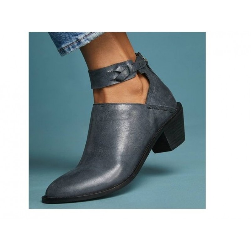 Women Cut Out Booties Buckle Strap Back Zipper Leather Ankle Casual Boots