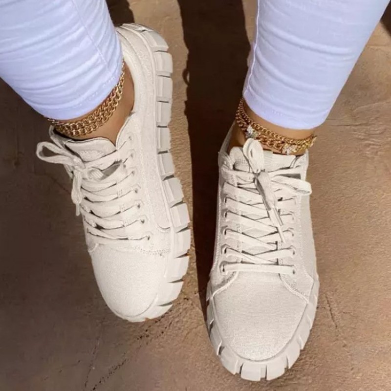 Lace-up Canvas Shoes Summer Round Toe Platform Single Shoes For Women Sneakers
