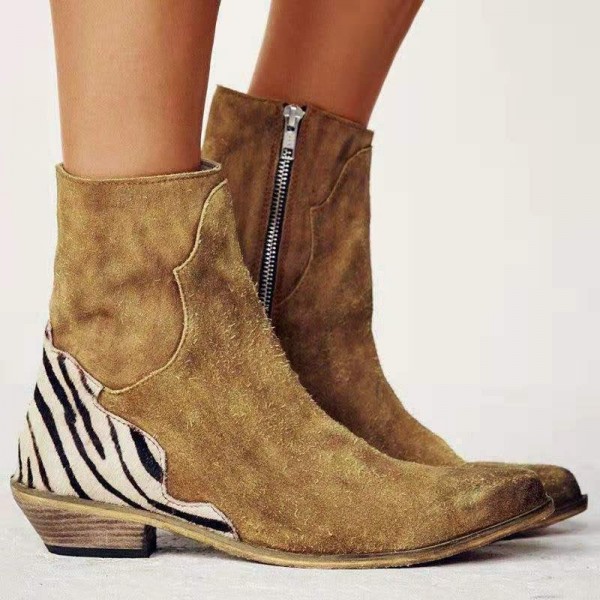 Pointed-toe Chunky Low-heel Side-zip Ankle Boots F...