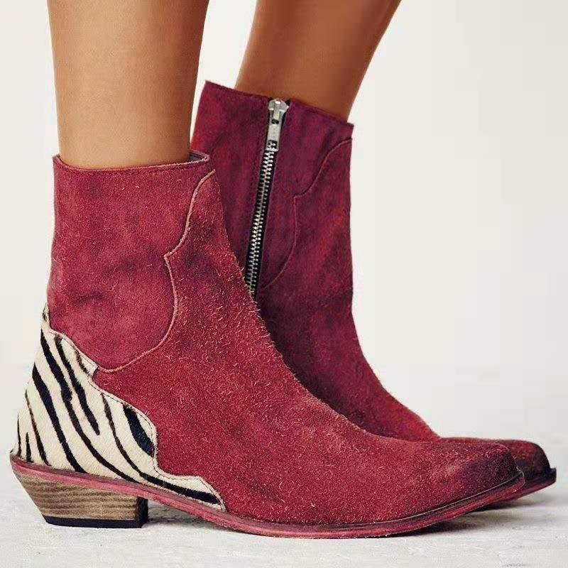 Pointed-toe Chunky Low-heel Side-zip Ankle Boots For Women