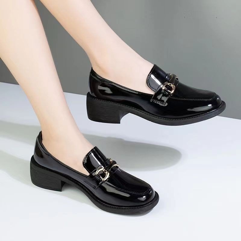 Dark Green Glossy Chunky Heel Metal Buckle Loafers...