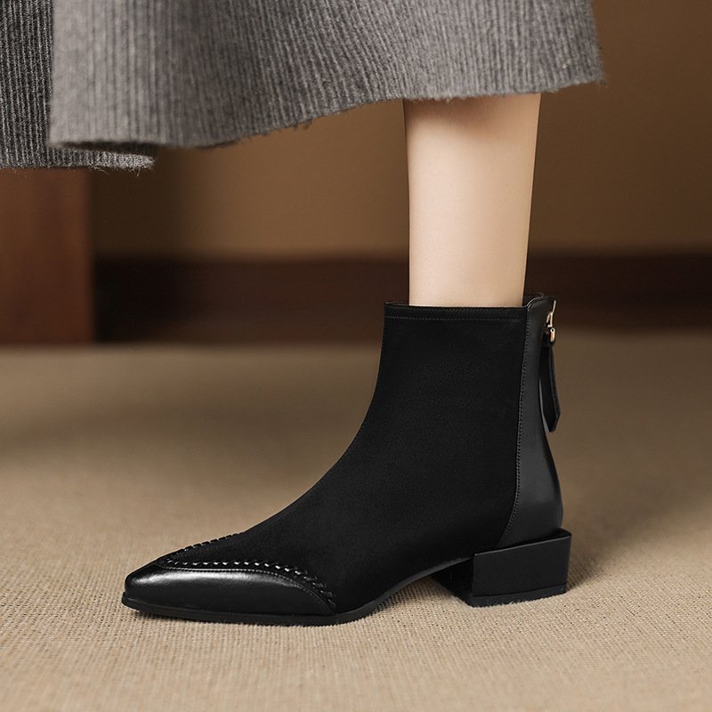 Pointed-toe Square-heeled Ankle Boots For Women
