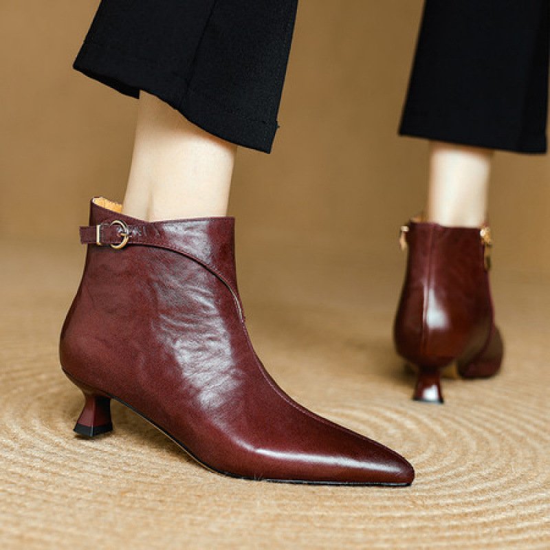 French-style Vintage Pointed-toe Mid-heel Ankle Bo...