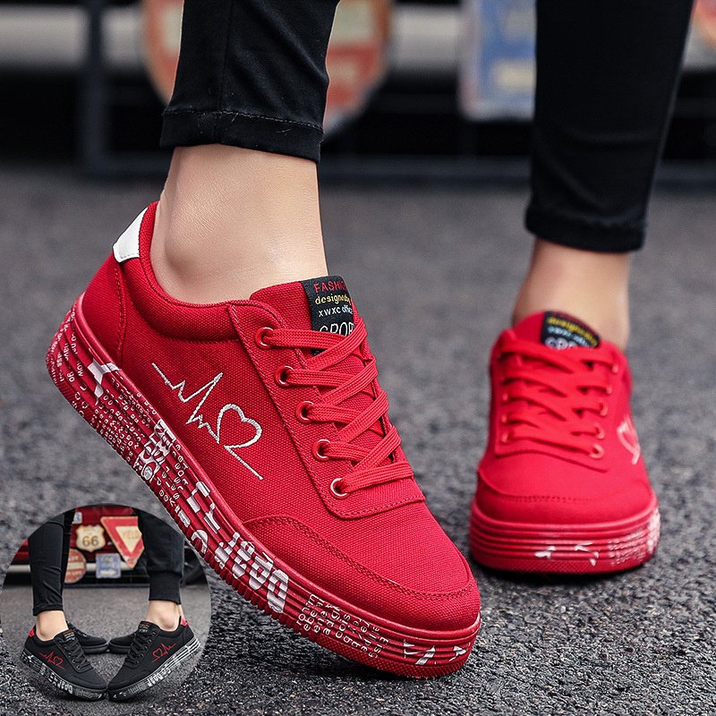 Love Print Canvas Shoes Women Men Flats Lace-up Ca...