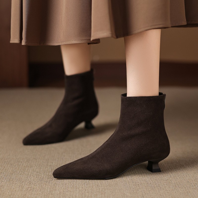 Cowhide Suede Pointed-toe Ankle Boots For Women