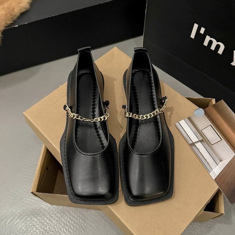 Women's Square Toe Metal Chain Strap Slip On Flats...