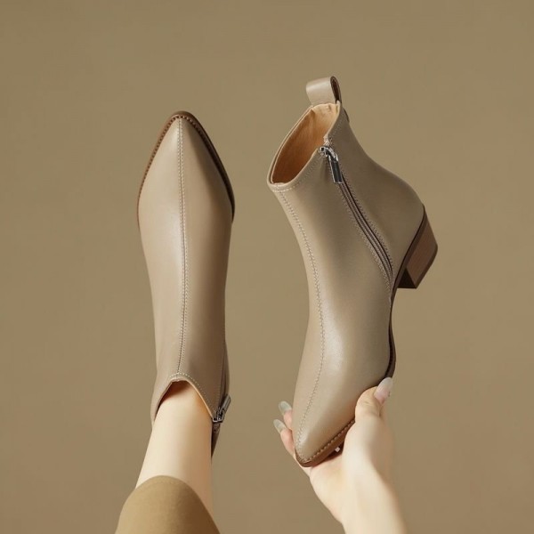 Retro Versatile Pointed-toe Soft Leather Ankle Boo...