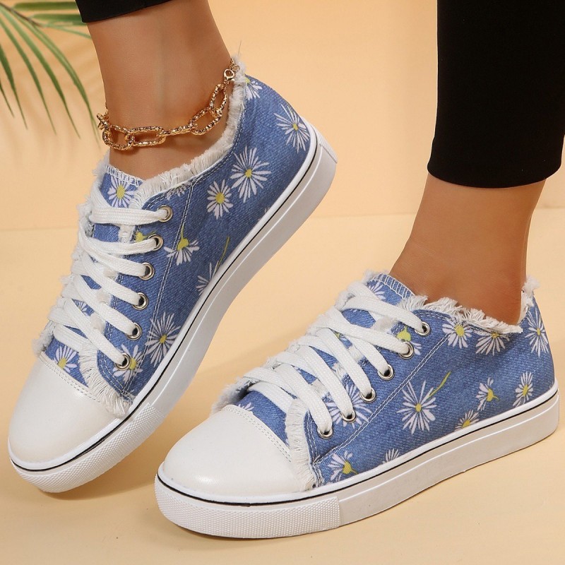 Casual Flat Canvas Shoes Flowers Lace-up Flowers P...