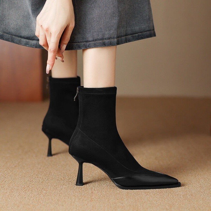 Elastic Pointed Mid-heel Ankle Boots For Women