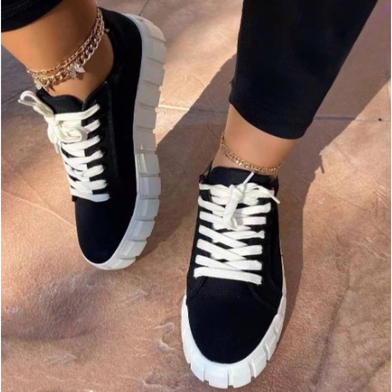 Lace-up Canvas Shoes Summer Round Toe Platform Single Shoes For Women Sneakers