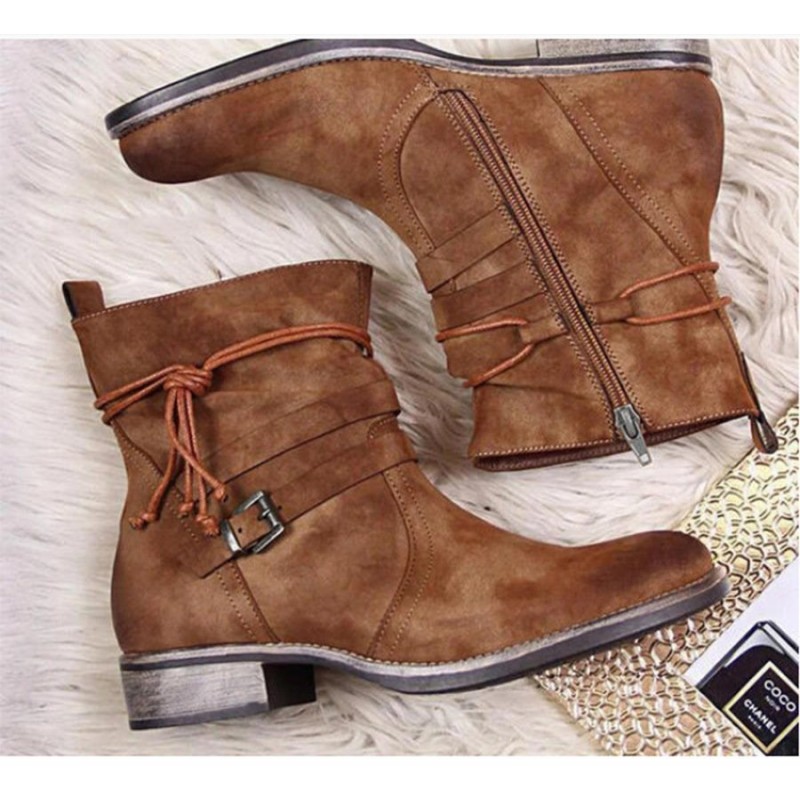 Western Boots Women Buckle Ankle Boots Side Zipper Shoes