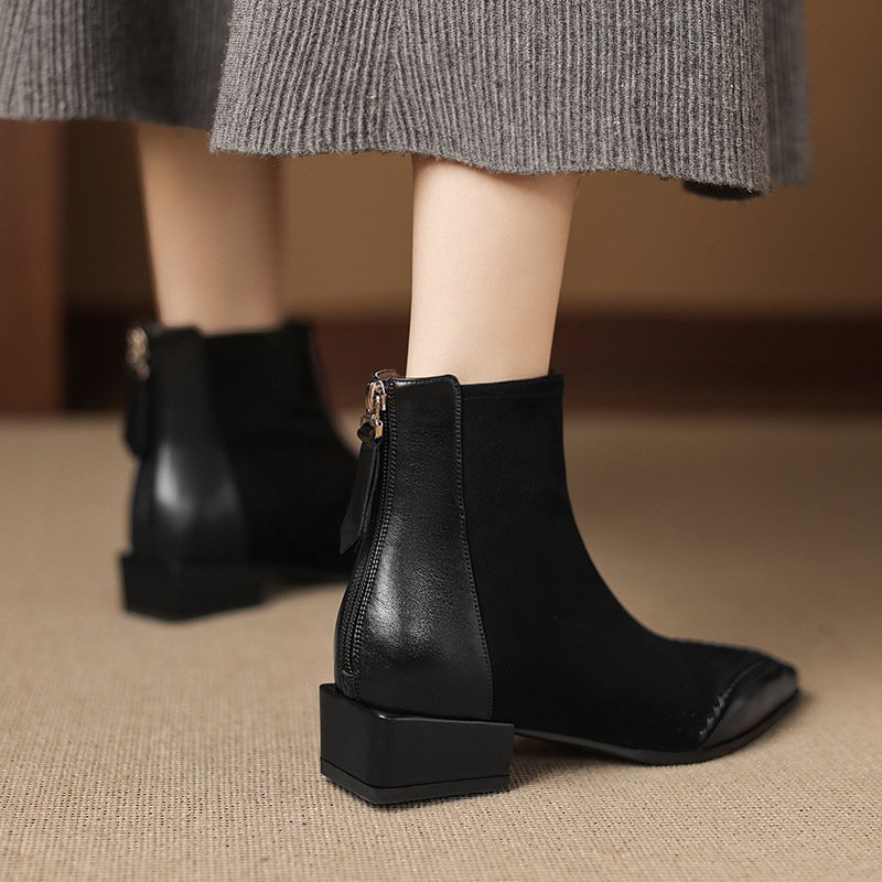 Pointed-toe Square-heeled Ankle Boots For Women