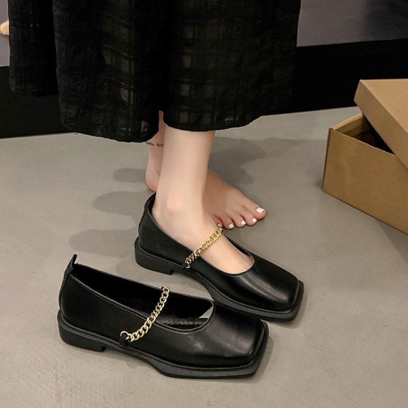 Women's Square Toe Metal Chain Strap Slip On Flats - Casual Dress Comfortable Loafers