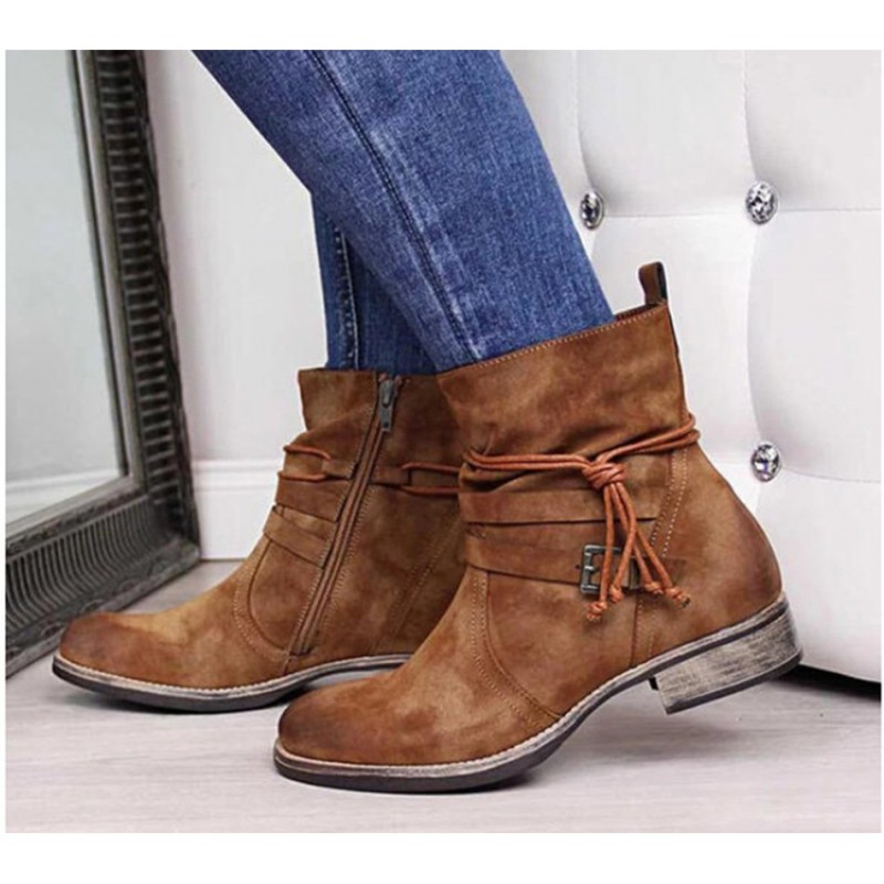 Western Boots Women Buckle Ankle Boots Side Zipper Shoes