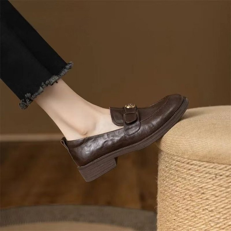 New Lazy Commute Flat Shoes For Women, Camellia Loafers, Soft Leather Vintage Distressed British Style Small Leather Shoes
