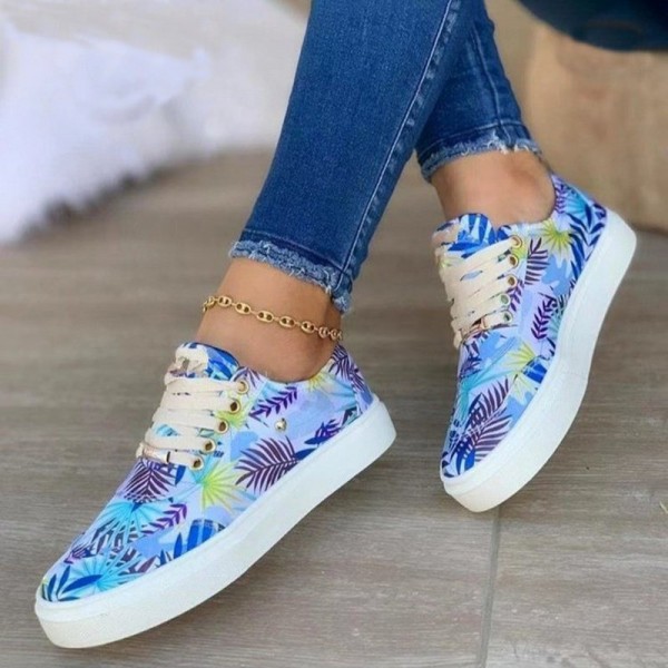 Canvas Shoes For Women Lace-Up Flats Leaves Print ...