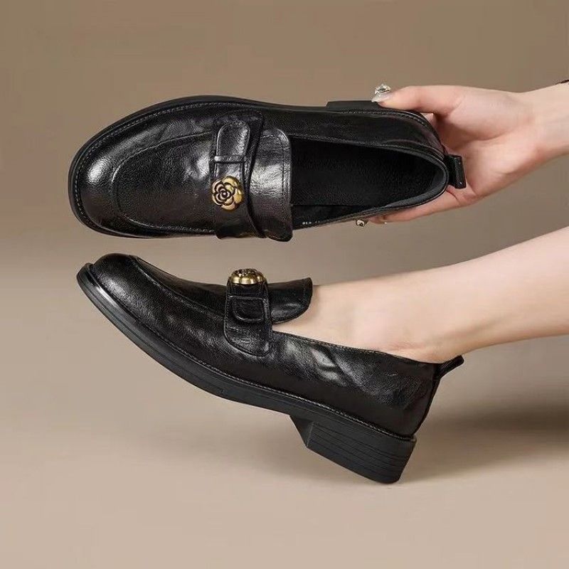 New Lazy Commute Flat Shoes For Women, Camellia Loafers, Soft Leather Vintage Distressed British Style Small Leather Shoes