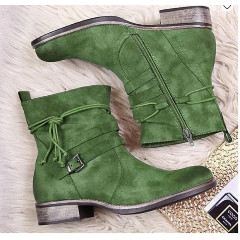 Western Boots Women Buckle Ankle Boots Side Zipper Shoes