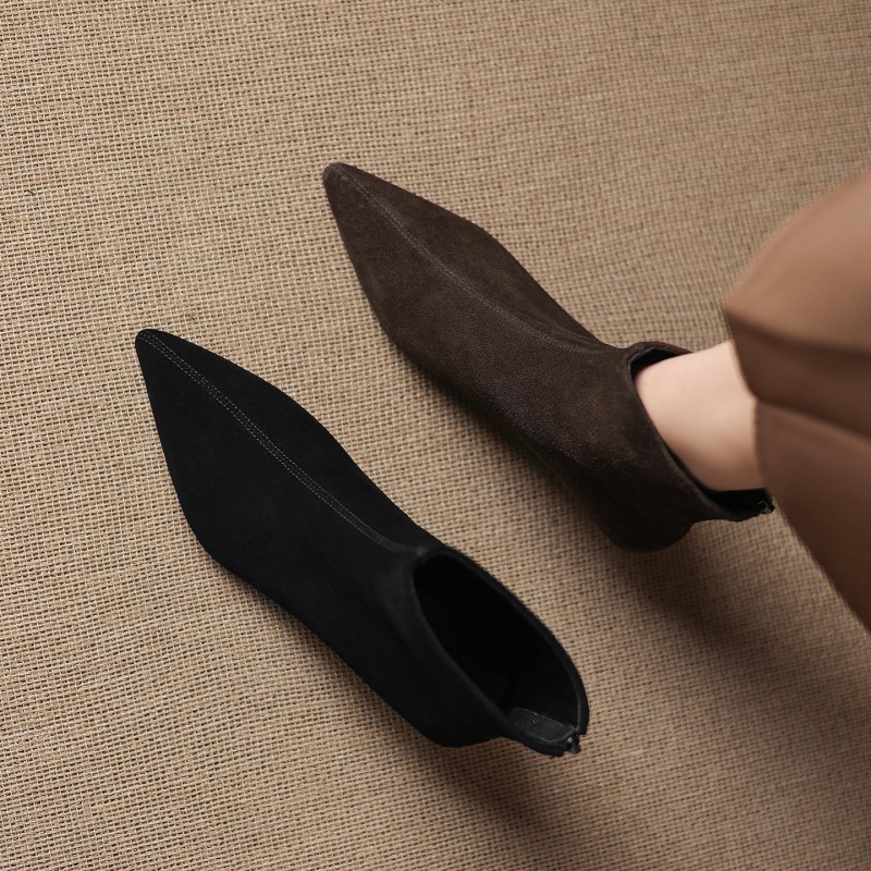 Cowhide Suede Pointed-toe Ankle Boots For Women