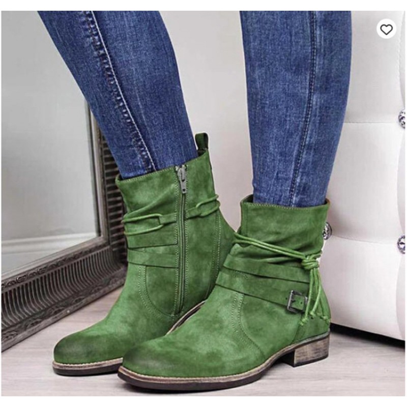 Western Boots Women Buckle Ankle Boots Side Zipper...