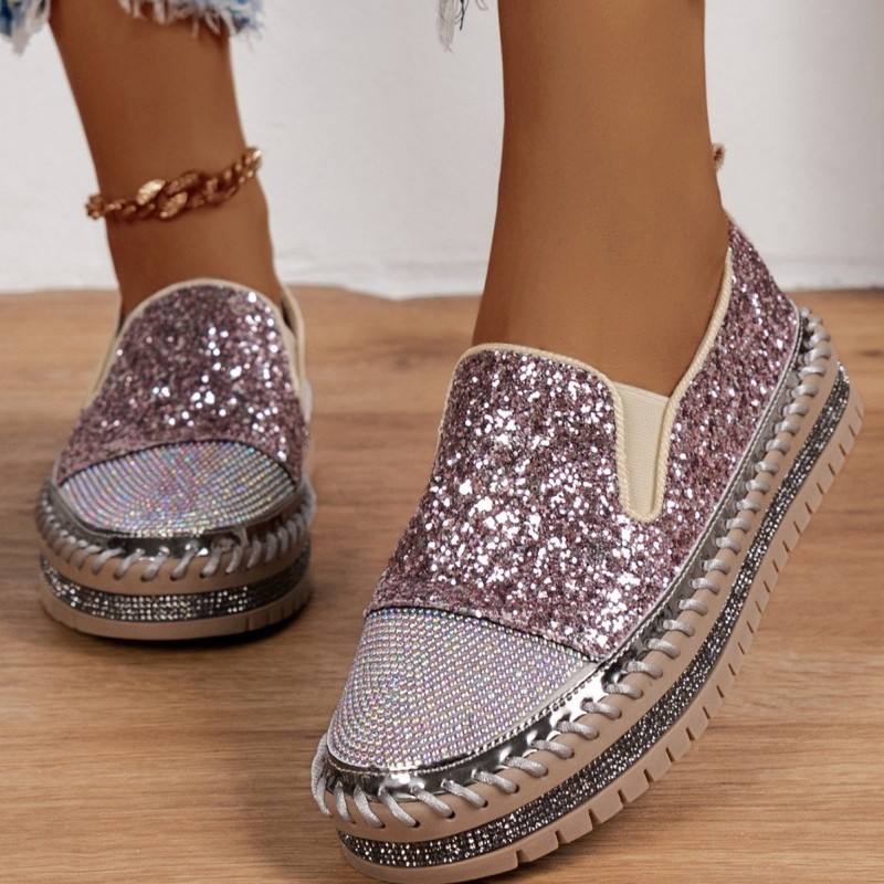 Thick Bottom Flat Loafers Rhinestone
