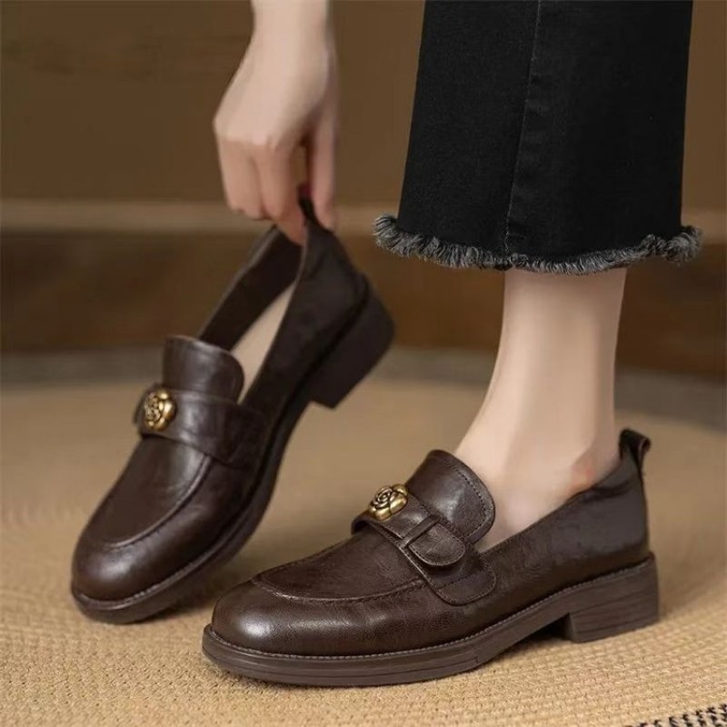 New Lazy Commute Flat Shoes For Women, Camellia Loafers, Soft Leather Vintage Distressed British Style Small Leather Shoes