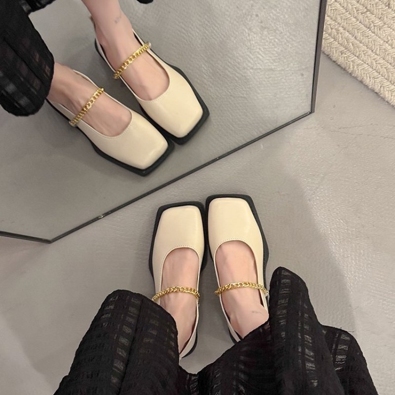 Women's Square Toe Metal Chain Strap Slip On Flats - Casual Dress Comfortable Loafers