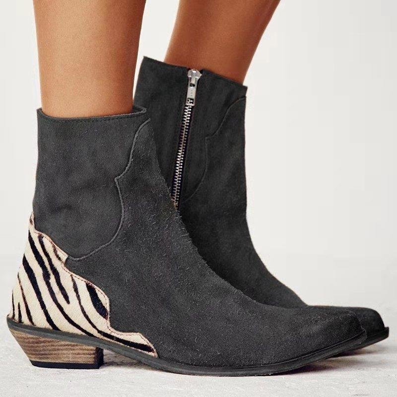 Pointed-toe Chunky Low-heel Side-zip Ankle Boots For Women