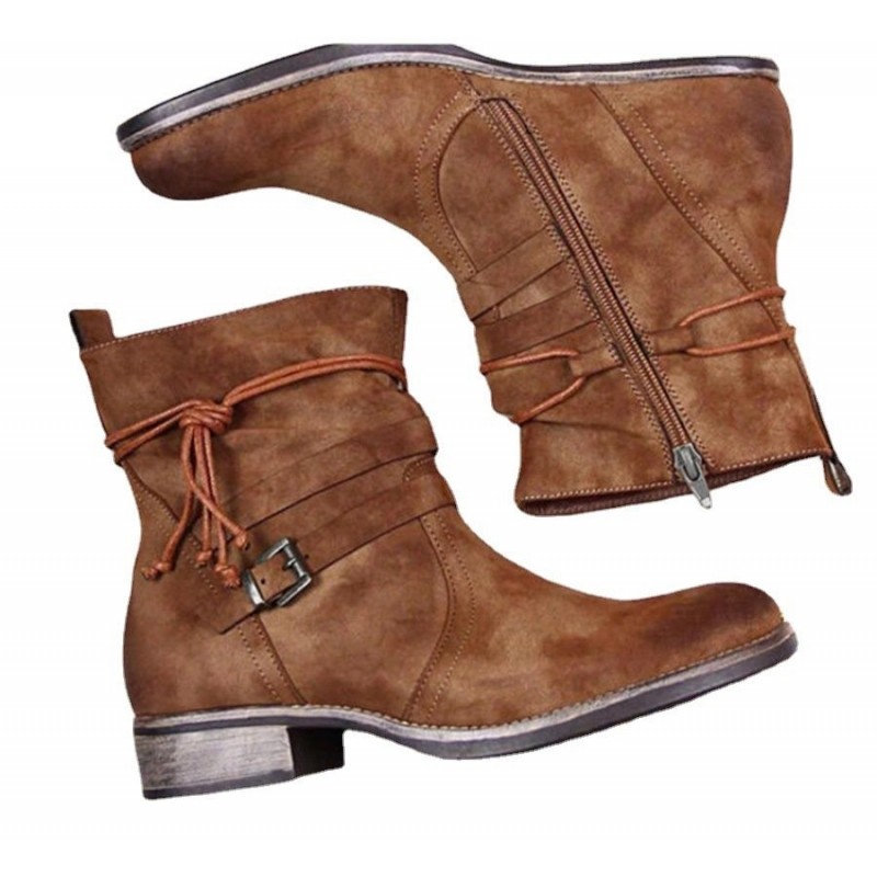 Western Boots Women Buckle Ankle Boots Side Zipper Shoes
