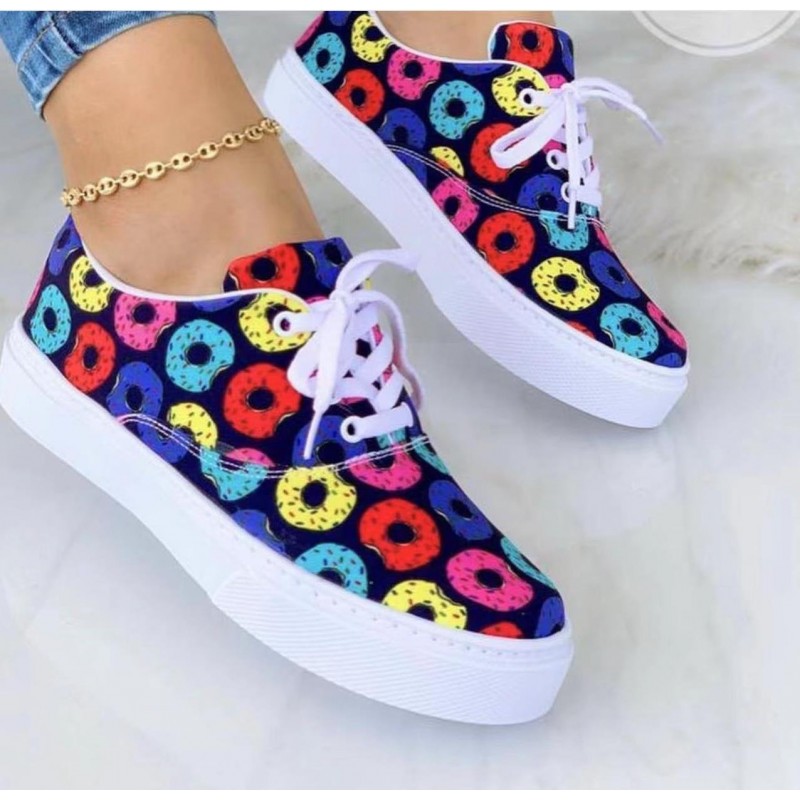 Lace-up Flats Shoes Print Canvas Fashion Walking Sneakers Women