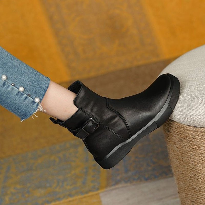 Vintage Shoes Women Ankle Boots With Buckle Side Zipper