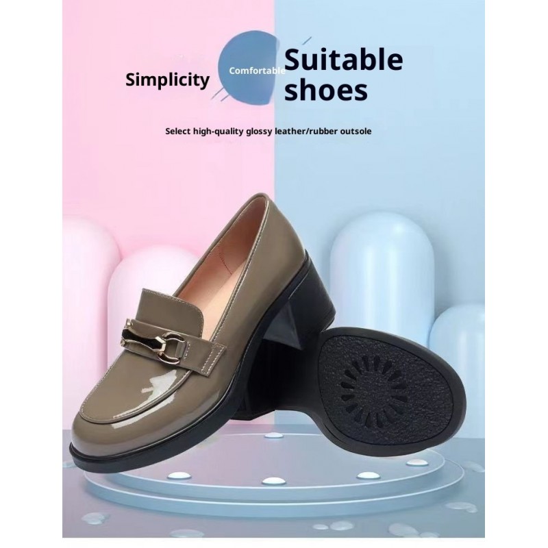 Dark Green Glossy Chunky Heel Metal Buckle Loafers For Women