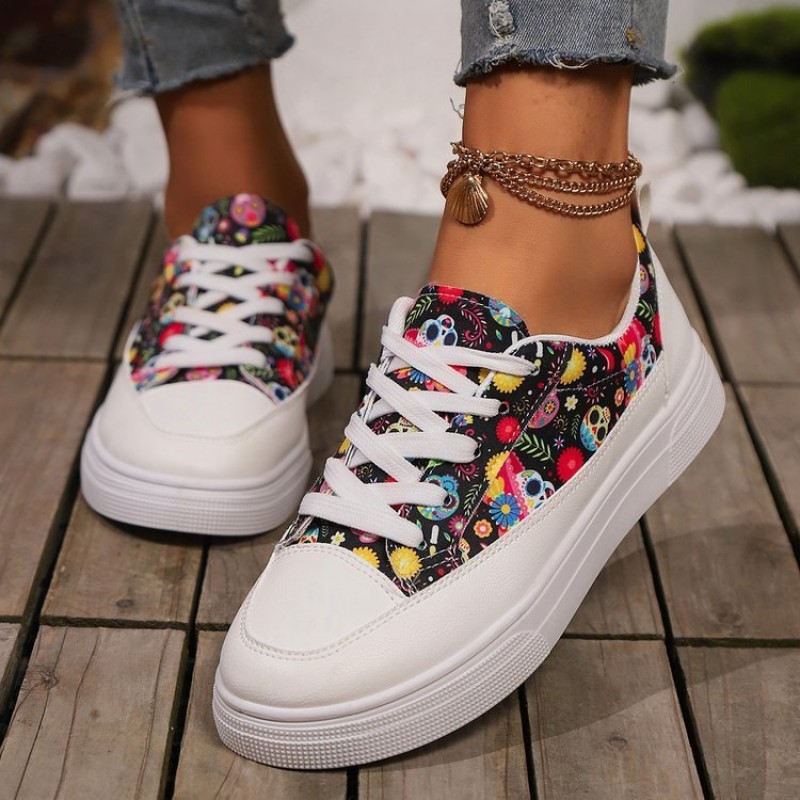Halloween Skull Print Lace-up Canvas Shoes For Wom...