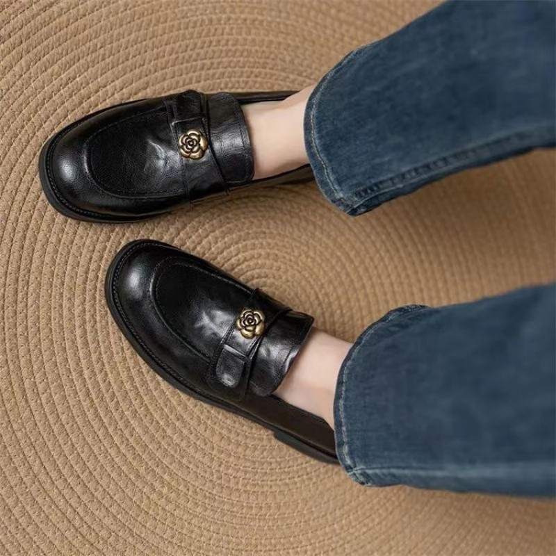 New Lazy Commute Flat Shoes For Women, Camellia Loafers, Soft Leather Vintage Distressed British Style Small Leather Shoes